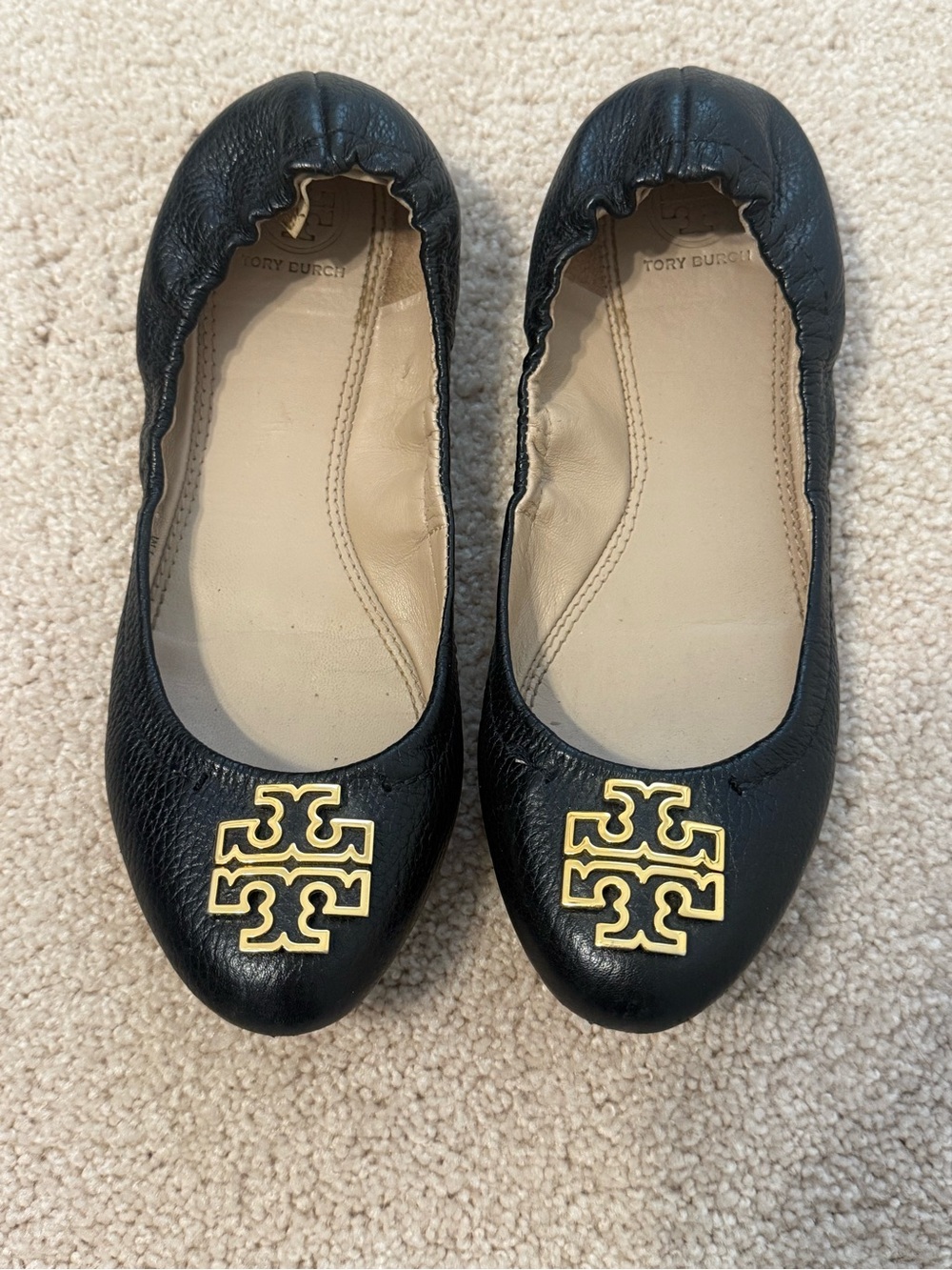 Tory Burch Black Leather Melinda Ballet Flats with Gold Logo